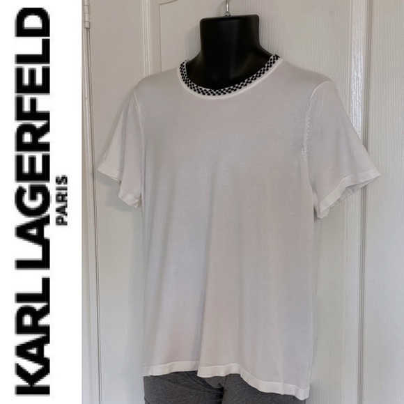 KARL LAGERFELD PARIS white knit t-shirt with black neck trim, XL - Picture 3 of 16